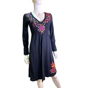 Johnny Was Embroidered V Neck Smocked Black Midi Dress 100% Cotton Size S EUC